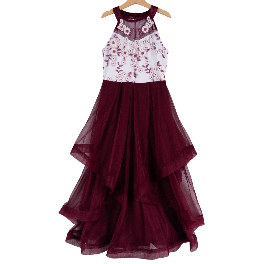 Speechless Kids Girls Dress 10 Burgundy White Floral Maxi Tulle Formal Party